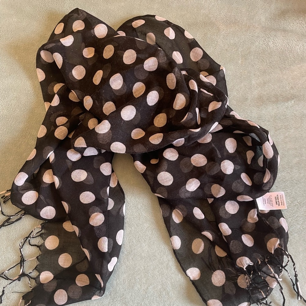 Black and white polka dot sheer polyester scarf with fringe NWOT